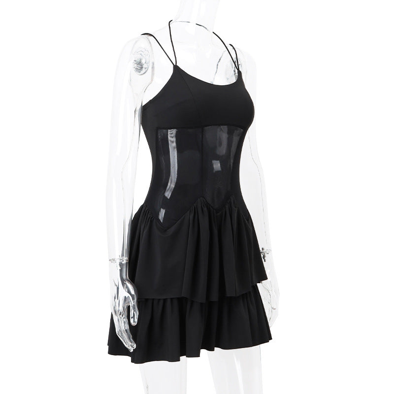 Black Mesh Frill Strappy Mini Dress