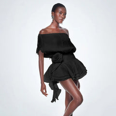 Off-Shoulder  3D Flower Ruffle Mini Dress