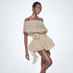 Off-Shoulder  3D Flower Ruffle Mini Dress