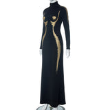 Black Long Sleeve Metallic 3D Body Print Maxi Dress
