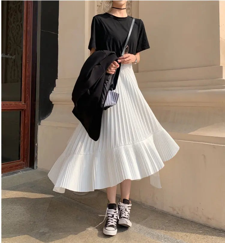 Pleated Chiffon Frill Midi Skirt Free From Label