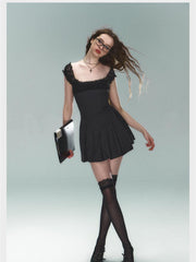 Black Pleated Strap Mini Dress