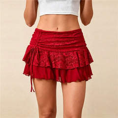 Floral Lace Ruffle Side Drawstring Mini Skirt