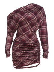 Plaid Off-Shoulder Full-Sleeve Mini Dress