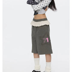 Grey Polka Dot Ruffles Patchwork Capri Pants