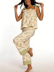 Floral Print Tie Shoulder Top with Pants Lounge Wear Set