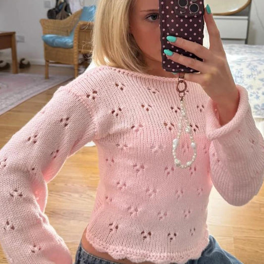 Pink Front Tie Hollow Out Knit Cropped Top