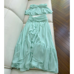 Green Babydoll Tube Crop Top And Ruffle Midi Skirt Set