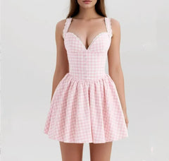 Pink Plaid Flare Mini Dress