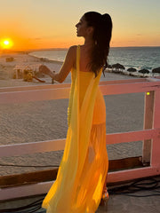 Yellow Ruched Halter Tie-Up Mesh Maxi Dress