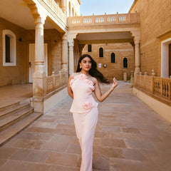 Pink Halter 3D Flower Ruffle Maxi Dress