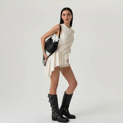 White Ruched Asymmetrical Hem Top
