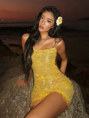 Yellow Sequin Beaded Tassel Open Back Strappy Mini Dress