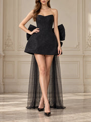 Black Strapless Large Back Bow Mesh Mini Dress