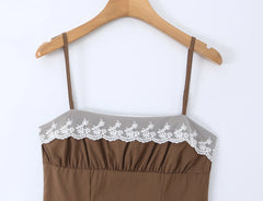Brown Lace Trim Mini Dress