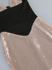Beige V-Neck Sequin Patchwork Long Dress