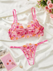 Pink Foliage Mesh Lingerie Set