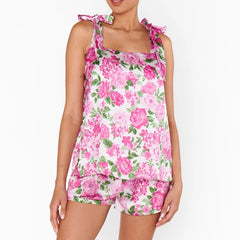 Floral Satin Bow-Tied Tank Top and Elastic Shorts Loungewear Set