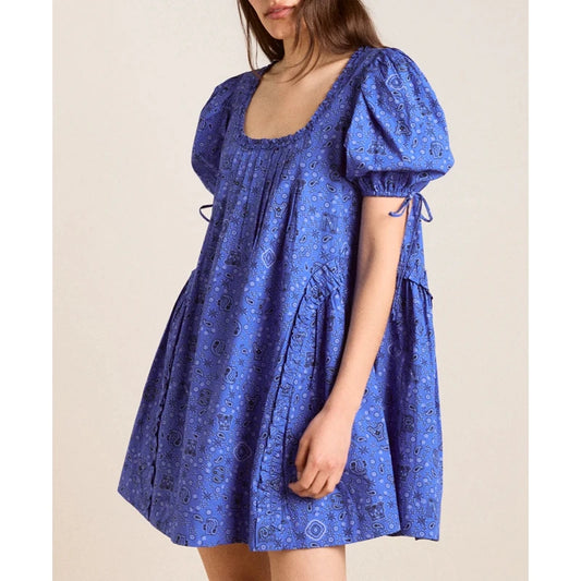 Bow Tied Short Puff Sleeve Square Neck Loose Mini Dress