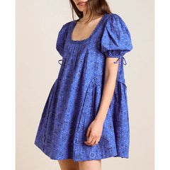 Bow Tied Short Puff Sleeve Square Neck Floral/Dot Loose A-line Mini Dress