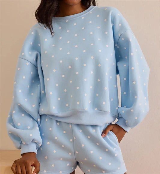Polka Dot Crew Neck Sweatshirt And Shorts Loungewear Set