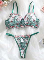 Sheer Lace Foliage Embroidered Lingerie Set