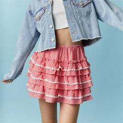 Gingham Elastic Waist Lace Trim Ruffle Layered Skort