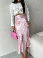 Pink Printed Satin Midi Straight Skirt Free From Label