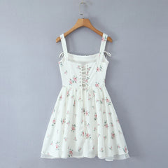 White Floral Print Bow Strap Chiffon Mini Dress