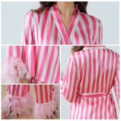 Pink Striped Feather Trim Long Sleeve Wrapped Top with Belt and Pants Pajama Set