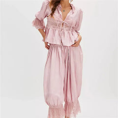 Lace Trim Bow Tie Front Short Sleeve Shirts And Ruffle Flared Lantern Pants Loungewear Set