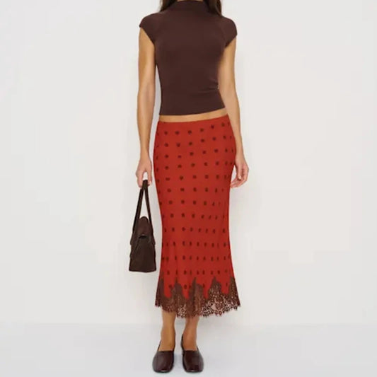 Polka Dot Sheer Lace Trim Satin Long Skirt