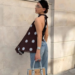 Brown Mesh Backless Polka Dot Top