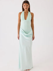 Halter Backless Tie Draped Waist Satin Maxi Dress