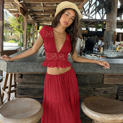 Short Sleeve Mesh Patchwork Crop Top And Maxi Skirt Matching Set