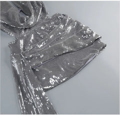 Silver Sequin Halter Deep Neck Backless Draped Mini Dress