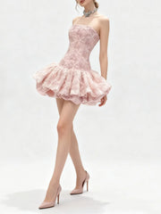 Embroidery StraplessPleated Flare Mini Dress