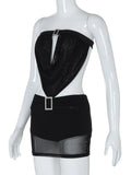 Black Mesh Belted Strapless Tube Top And Mini Skirt Set