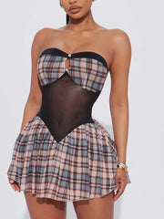 Plaid Mesh Patchwork Strapless Mini Dress