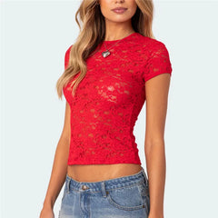 Sheer Lace Short Sleeve Round Neck Top