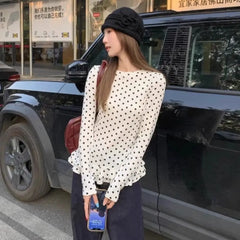 Polka Dot Ruffle Trim Long Sleeve T-Shirt