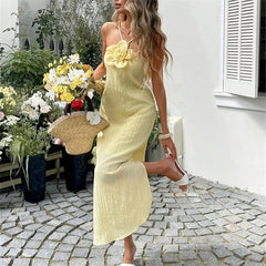 Yellow Halter Maxi Dress with 3D Flower Detail