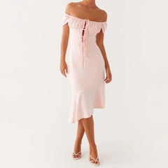 Pink Off-Shoulder Puff Tie Up Midi Dress