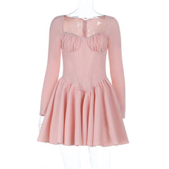 Pink Long Sleeve Pleated Ruched Corset Style Mini Dress