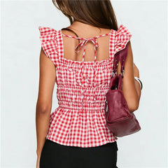 Gingham Smocked Waist Tie Back Peplum Top