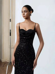 Black Sequin Strappy Bustier Maxi Dress