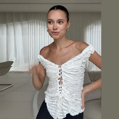 White Lace Up Gathered Top