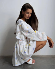 White Printed Ruffle Long Sleeve Shirt And Shorts Set