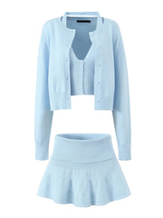 Long Sleeve Cardigan With Halter Vest Top And Mid Waist Mini Skirt Three Piece Set