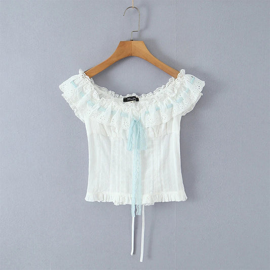 White Ruched Off-Shoulder Smocked Tie Up Top